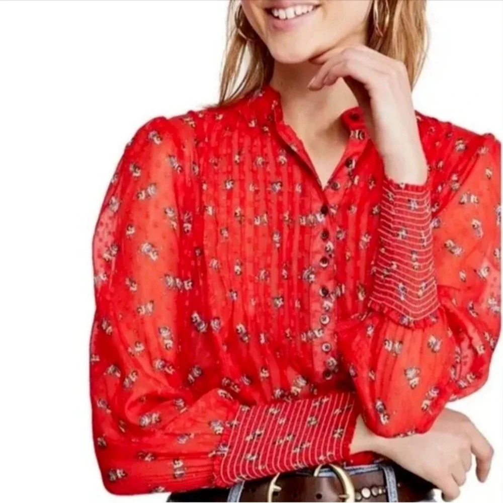 Free People Floral Blouse Womens S Red Cottagecore Pintuck Swiss Dot Sheer Top‎